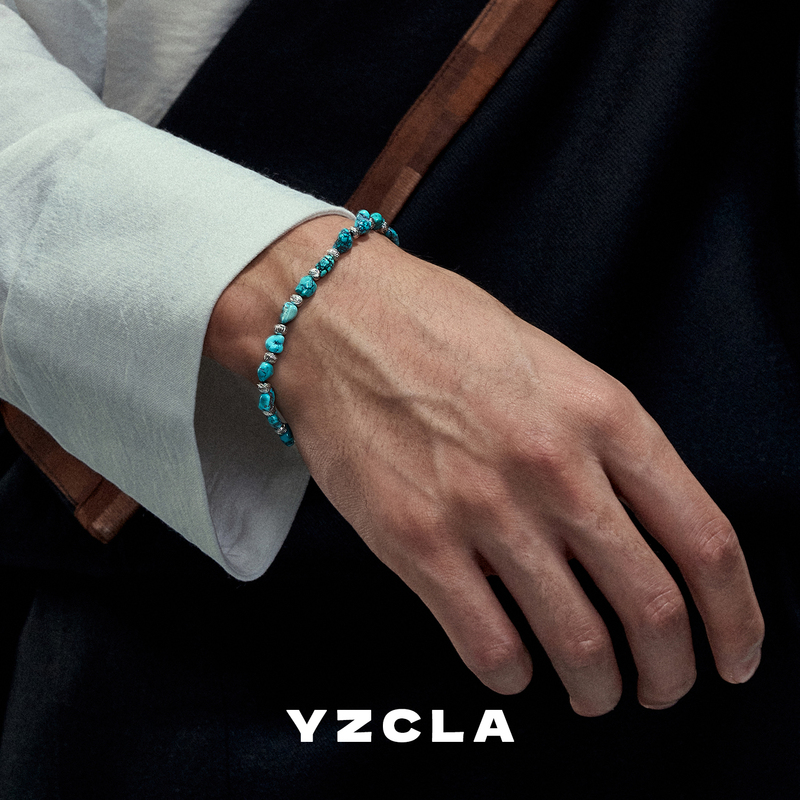 Yzcla Turquoise Bracelet 925 Sterling Silver Natural Raw Mineral Tibetan Style Vintage Light Luxury Niche Exquisite Ethnic Style Bracelet
