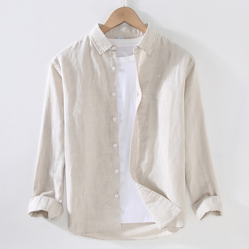 Solid Color Linen Long-Sleeved Shirt, Linen Men's Outerwear, Casual Loose Cotton-Linen Shirt, Suitable for All Seasons