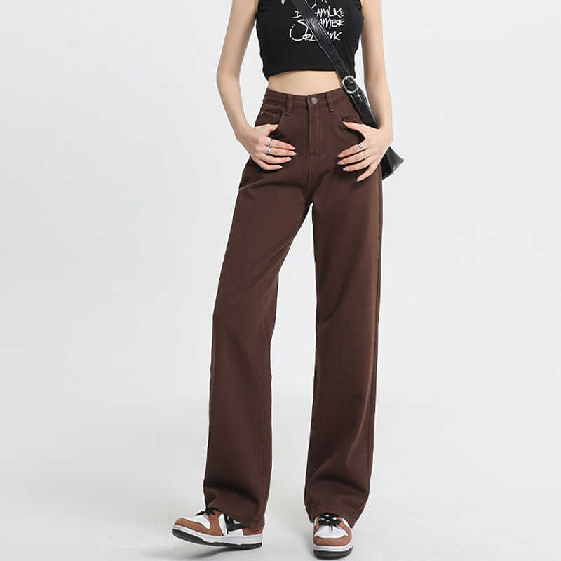 American-Style Brown Wide-Leg Jeans for Women, 2026 Spring and Summer, High-Waisted, Loose, Non-Stretch, Petite, Narrow Straight-Leg Pants