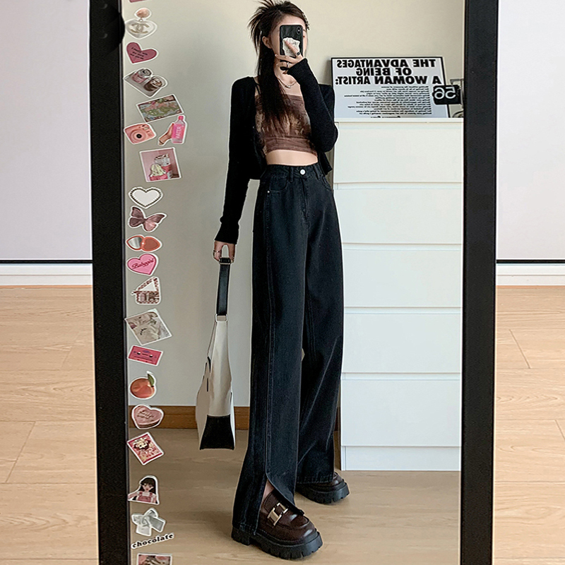 Black High-Waisted Wide-Leg Jeans for Women, 2025 Spring New Style, Loose Fit, Slimming, Height-Enhancing, Drapey, Split Hem, Floor-Length Pants