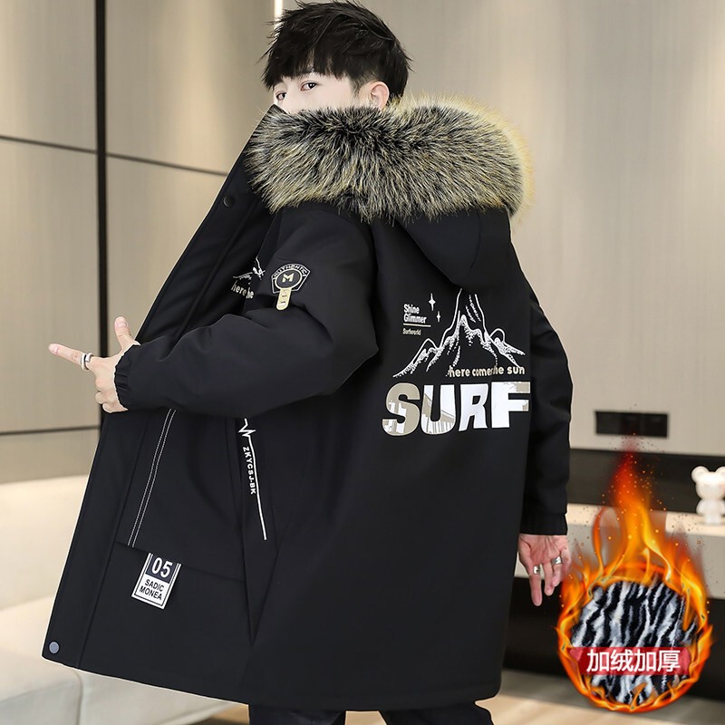 Winter Men's Hooded Parka Jacket with Large Fur Collar, Fleece-Lined and Thickened, Mid-Length, Youth Large Size Cotton Coat