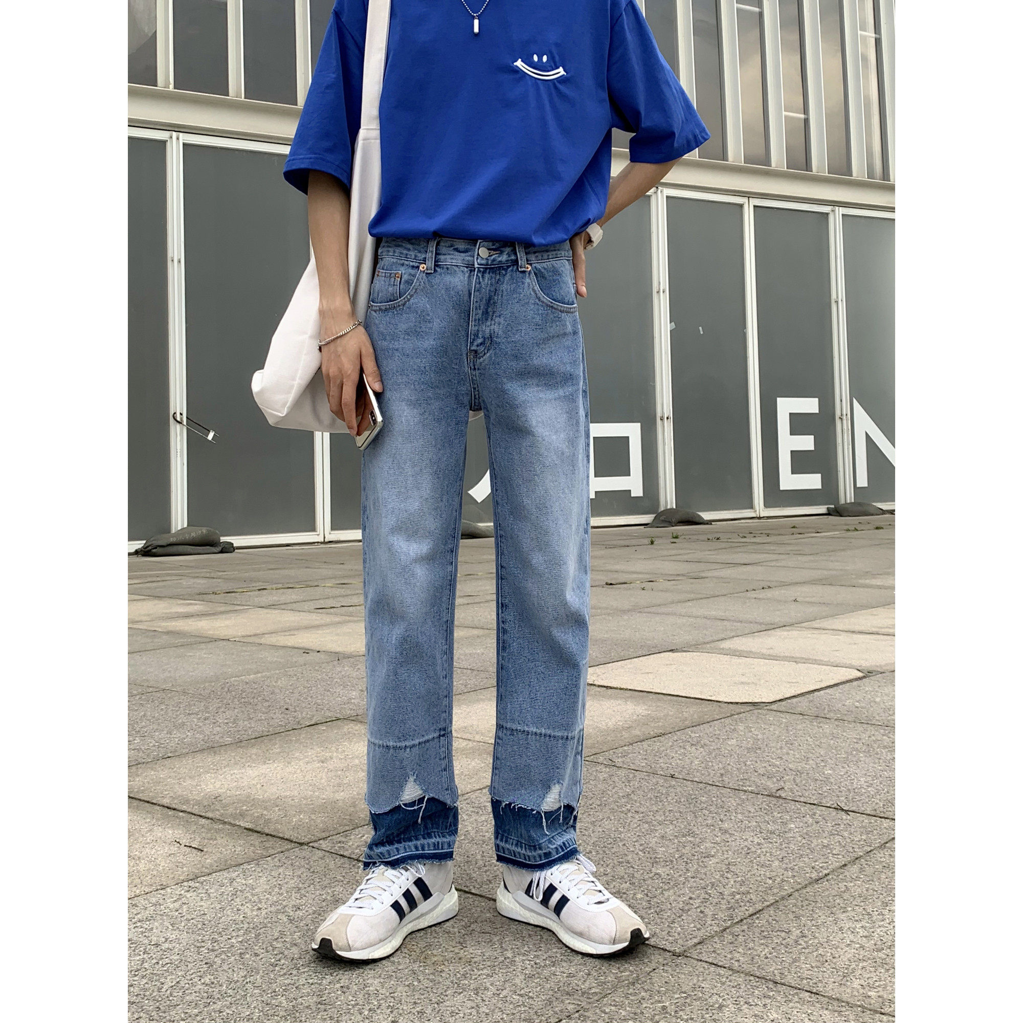 Value clearance #2022 niche design trousers contrast color stitching straight hole jeans men's ins net red trousers