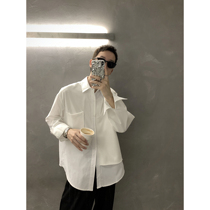 Attitude irregular splicing niche design advanced sense long-sleeved white shirt cold wind Mens ins loose trend