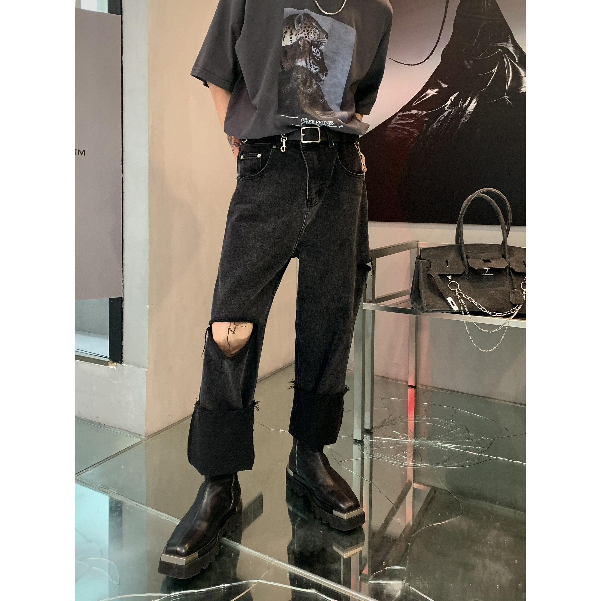 HOZI Summer loose straight drum small crowddesign wool edge dark black Broken Hole Jeans Male Tide Break and Pants Long Pants