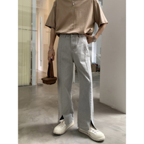 Value clearance# Summer loose straight tube hanging feeling niche design feel old gray trousers slit jeans ins
