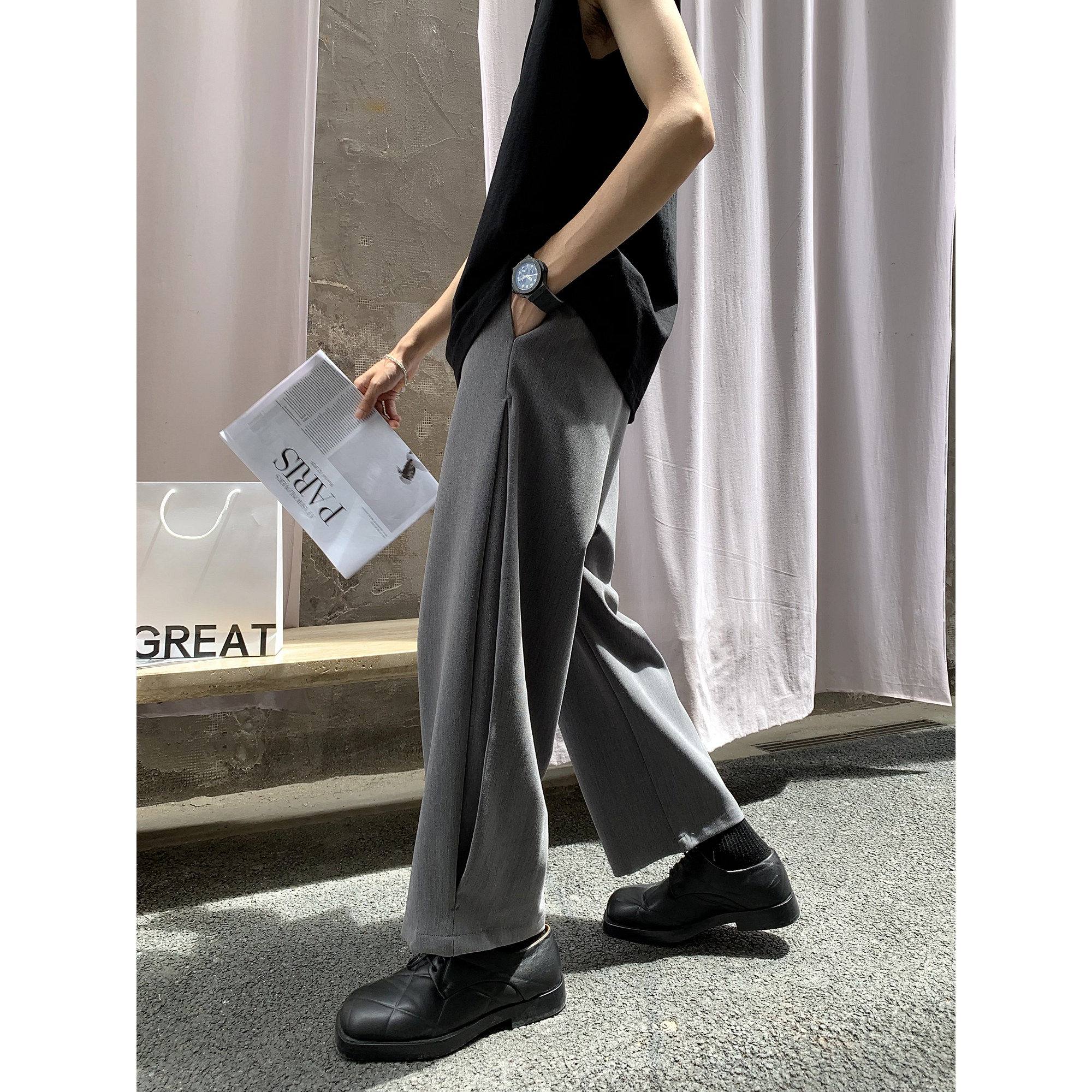Soon after sale #summer Korean version trendy side opening slit design relaxed broadleg casual Western pants 90% male pants
