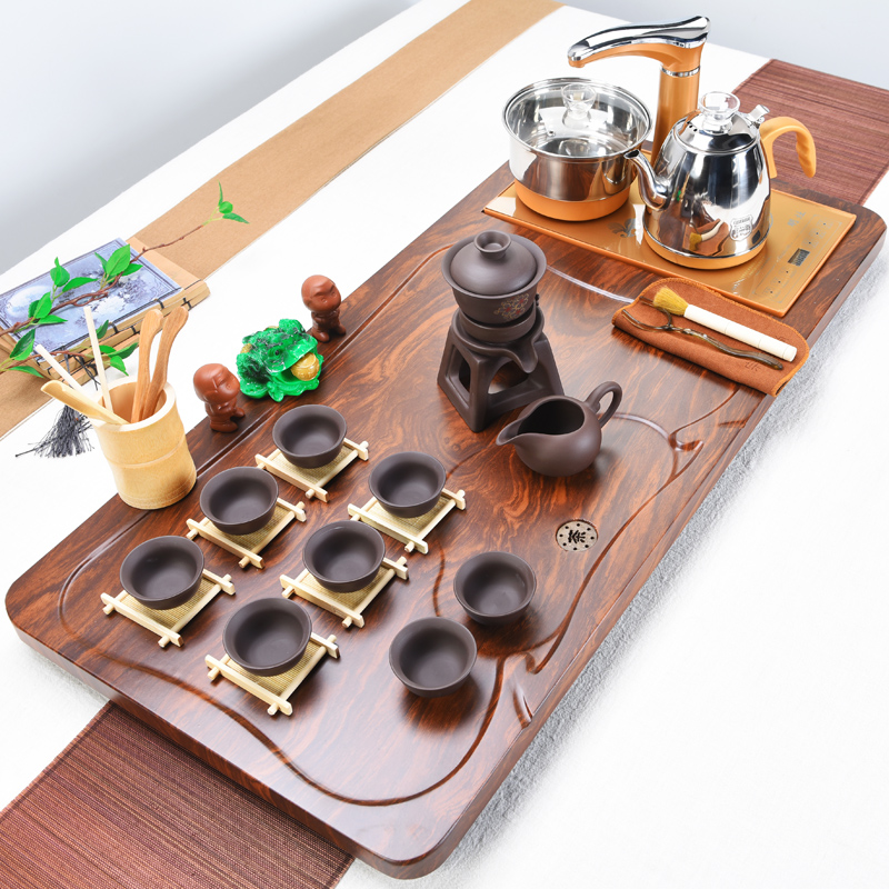 Violet arenaceous kung fu tea set solid wood tea tray of a complete set of household contracted suit electromagnetic heat furnace automatic four unity