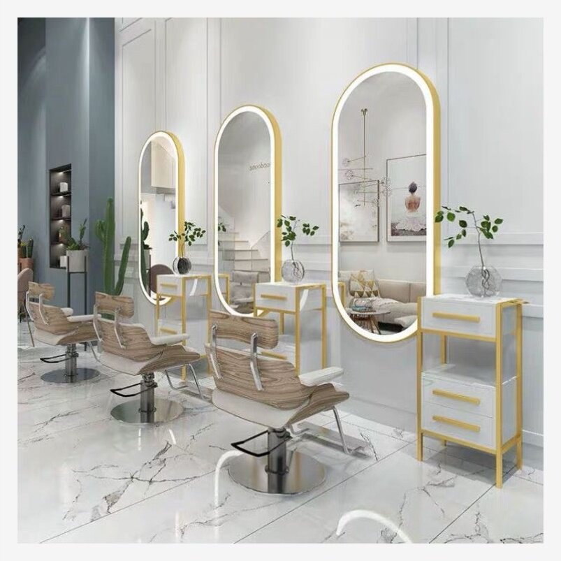 Li Kun touch hair mirror retro aluminum alloy style hair salon mirror table chair set Li Kun shop black gold