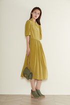 Heavy crepe sand wash silk texture praise burst top collar French literary green short sleeve dress autumn 2021