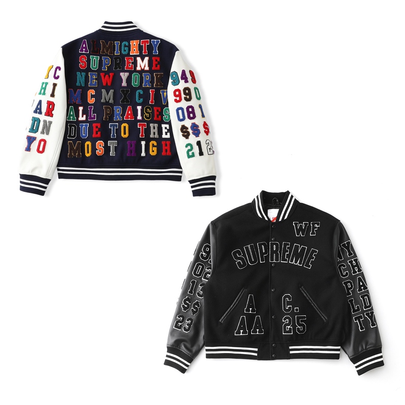 Supreme Ss25 Chenille Applique Pattern Varsity Long-Sleeve Baseball Jacket American Style Trendy Jacket for Men and Women