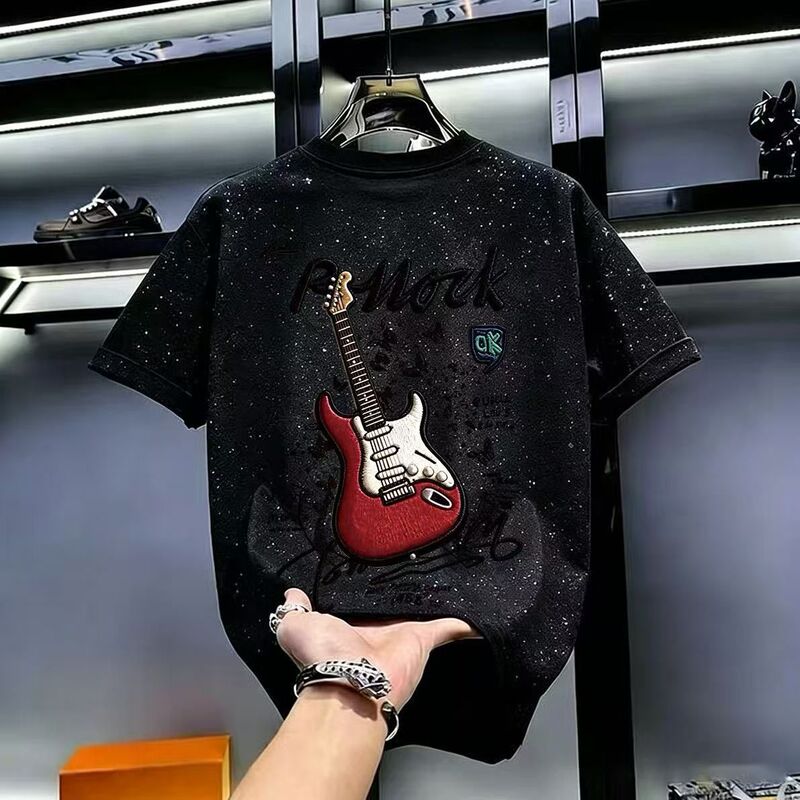 Trendy Guitar Print Short-Sleeve T-Shirt for Men, New Summer Style, Black with Star Sequins, Versatile Rock Top