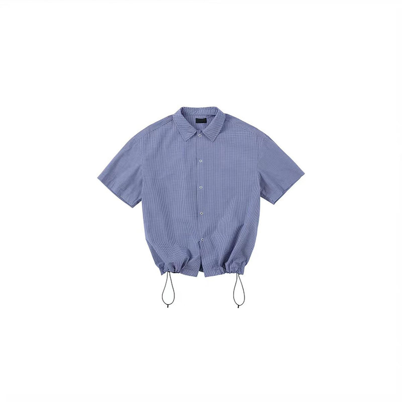 〔Yyg Sola〕Blue Plaid Drawstring Cleanfit Short-Sleeved Miu-Style Summer Versatile Short Shirt