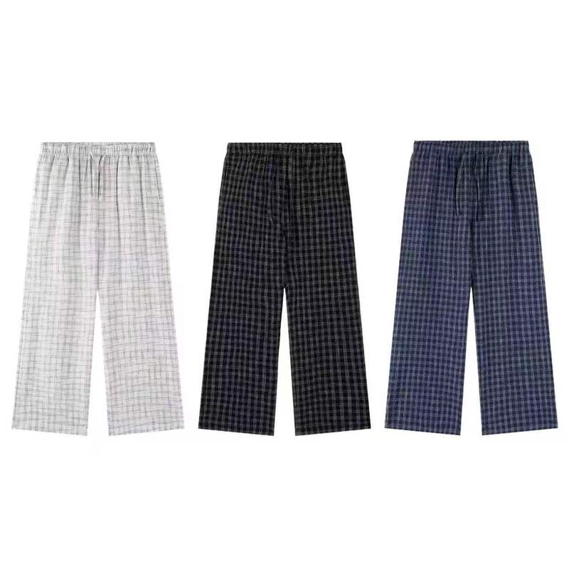 〔Yyg Sola〕 "Salt-Shrink Bubble Wrinkle Plaid Pants" A-Line Drawstring Plaid Loose Straight Casual Pants 〔Yyg Sola〕 "Salt-Shrink Bubble Wrinkle Plaid Pants" A-Line Drawstring Plaid Loose Straight Casual Pants