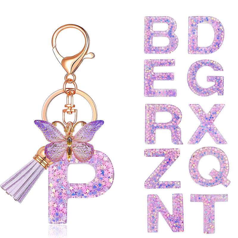 New Fashionable Purple Letter Keychain with Star Sequins, Butterfly Tassels, Crystal Resin Pendant, Women's Keychain