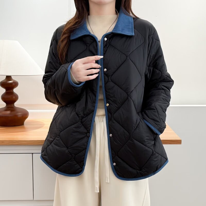 Plus-Size Women's Lightweight Cotton Jacket with Contrasting Color Patchwork and Diamond Pattern, Loose Fit for Chubby Women, Autumn and Winter Warm Cotton Coat 100kg