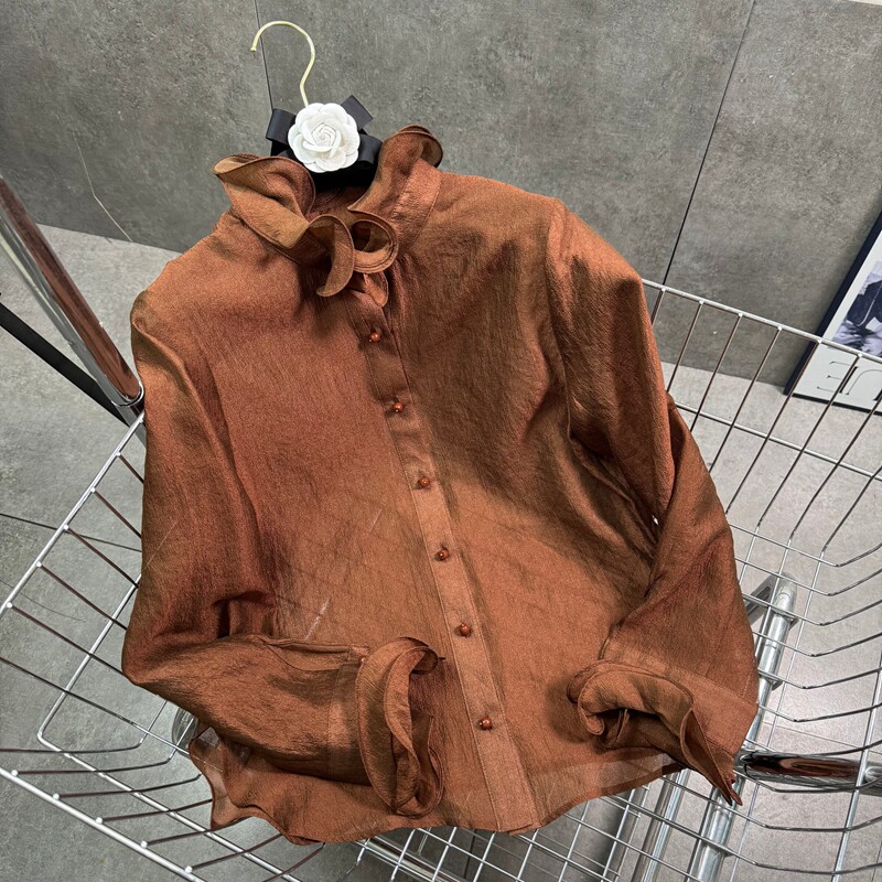 Same style as in shopping malls, 2026 autumn new style ruffled collar loose fit slightly sheer long sleeve Chinese style shirt top