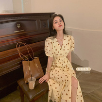 vintage retro first love yellow crushed floral style tea break point dress slim and thin frescoed summer long dress