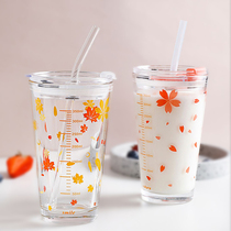  Adult scale glass Straw water cup ins net celebrity creative juice cup Breakfast cup Portable milk cup with lid