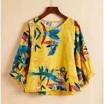 Spring and summer new large size cotton short shirt shirt top vintage printing nine-point sleeve T-shirt fashion shirt blouse