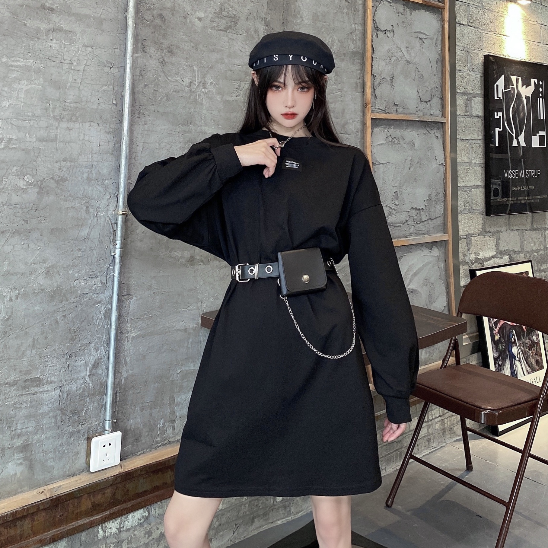 Real price autumn and winter new ins explosive Street loose work clothes dark and versatile skirt women's long sleeve dress