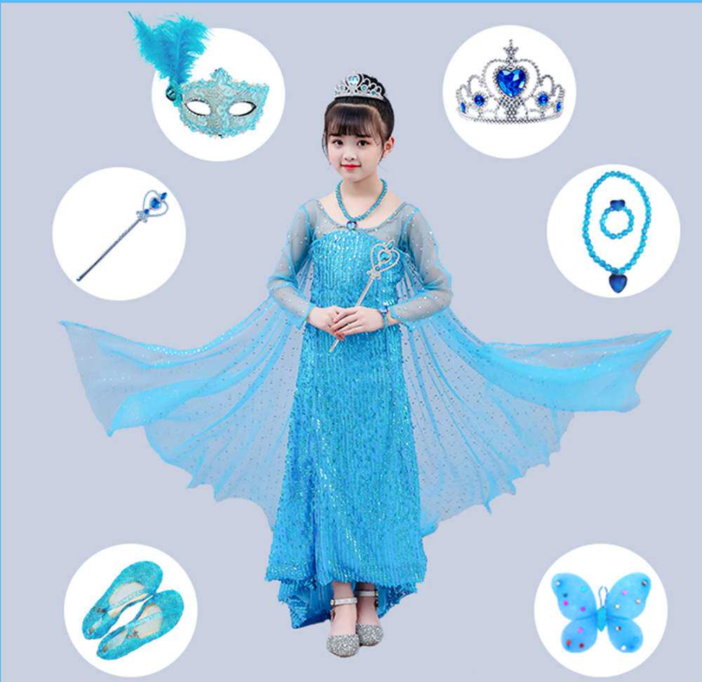 New Cartoon Long Sleeve Girl Dress Princess Dress Snowy Geisha Queen Elsa Queen's Sacred Festival Gown