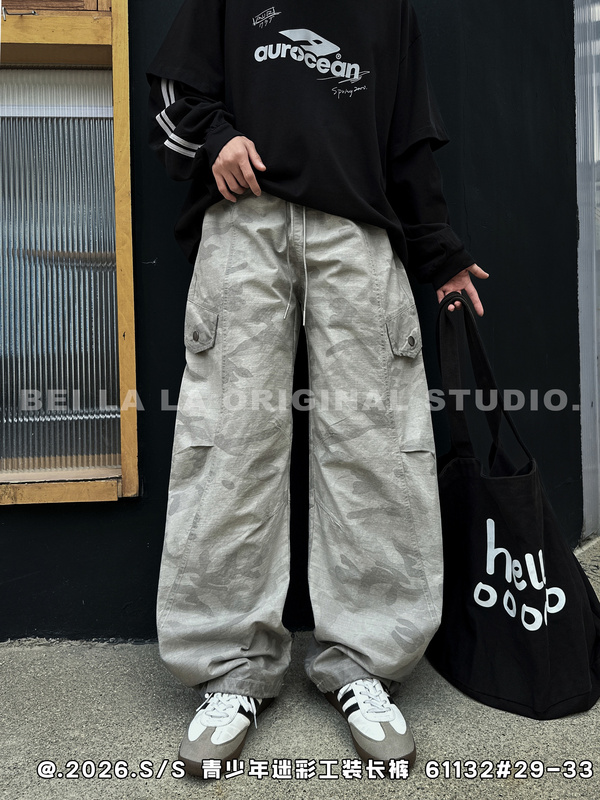 Bella La Cool Boy 2026 New Autumn Thin Style Boys' Denim Cargo Pants for Teenagers, Camouflage Loose Straight-Leg