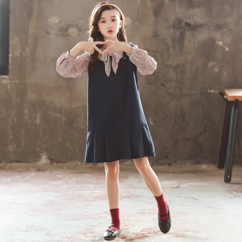 Girls' dresses spring and autumn 2022 new girls' preppy skirts and autumn dresses in the big children's chiffon princess skirts