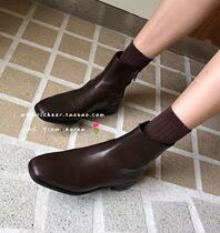 Spot Mocha Chocolate Light square head design side zipper Chelsea Booties=IAC Han Dai