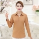 Mẹ mặc áo phông Quần áo phụ nữ trung niên và cao tuổi 40 tuổi 50 tuổi nguyên chất cotton lỏng lẻo ve áo dài tay nữ màu trơn thon gọn hàng đầu - Quần áo của mẹ