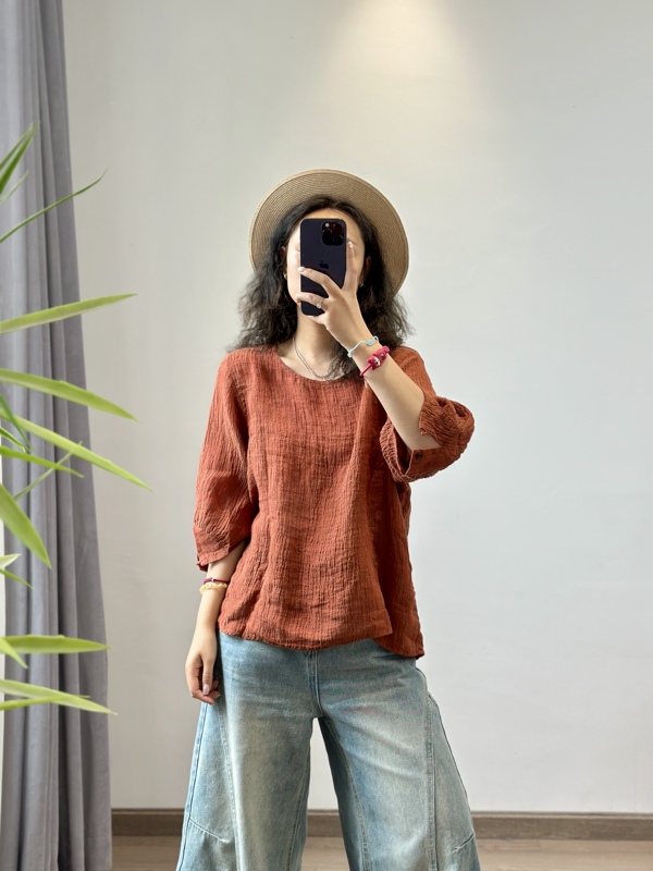 Gucun Yizhan Summer Yarn-Dyed Crinkled Linen Simple and Stylish Loose Pullover Top