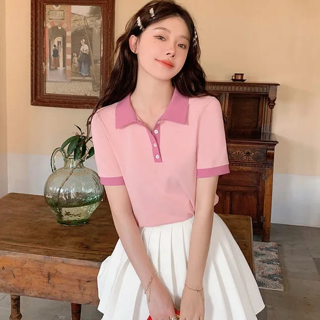 纯棉 Polo领粉色短款短袖T恤女夏季气质修身学院风撞色小众短袖衫