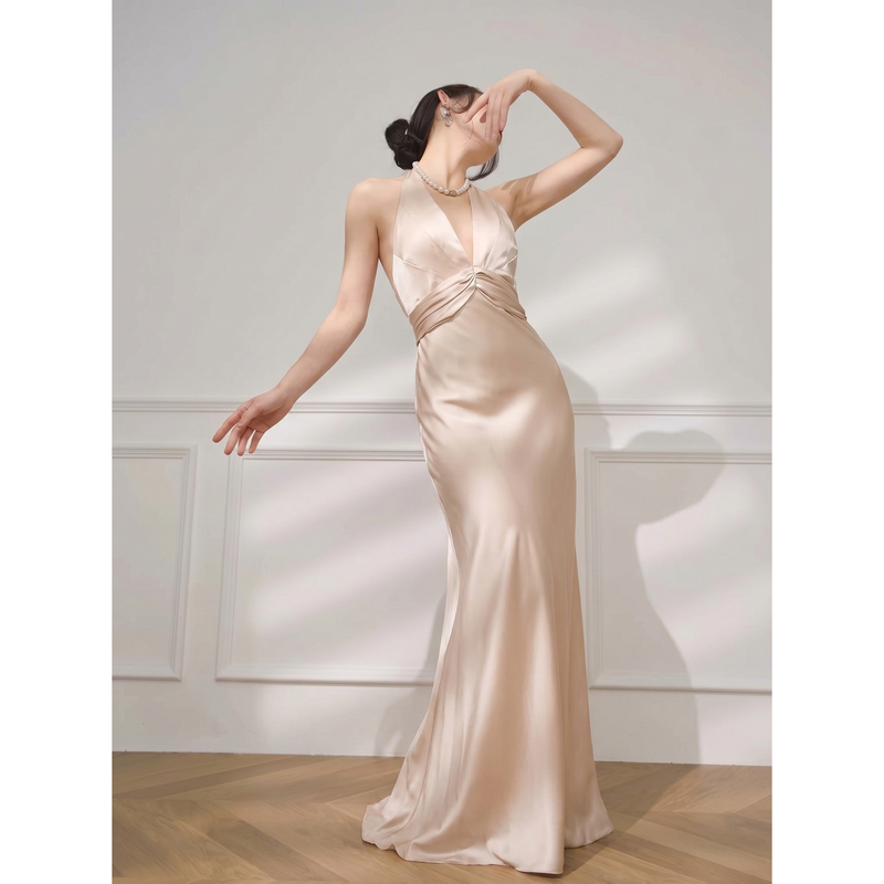Minority Dress French-Style Acetate Satin Halter Dress with a Glossy Finish for Annual Parties, Toasting, Birthday Dinners, and Evening Events