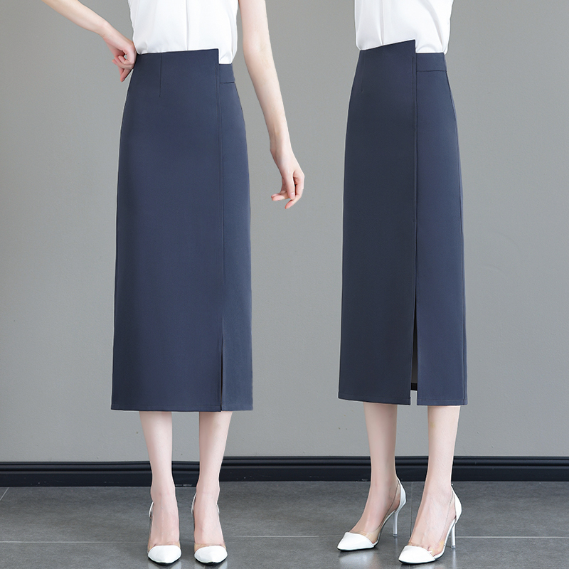 Haze Blue Suit Skirt for Women, 2026 Summer New Fashion Thin Mid-Length Slit Pencil Skirt