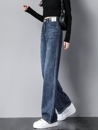 Denim wide-leg pants for women 2025 spring and autumn new style high-waisted straight pants for small people loose and drapey long pants