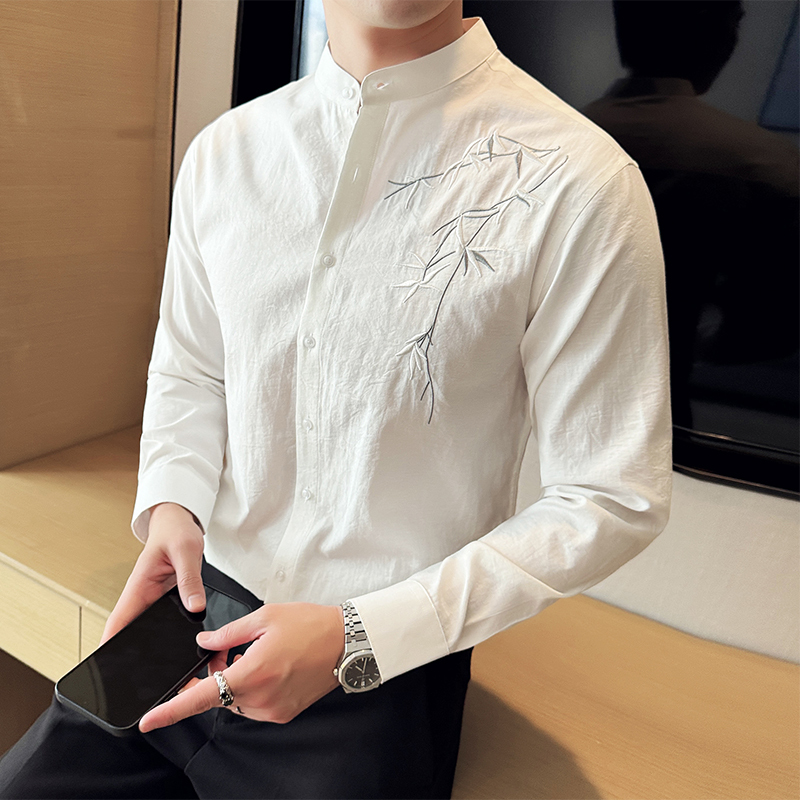 Stand Collar Shirt Men's Long-Sleeved Spring New Chinese Style Men's Clothing Chinese Style 2026 New Cotton and Linen Embroidered Breathable Shirt Stand Collar Shirt Men's Long-Sleeved Spring New Chinese Style Men's Clothing Chinese Style 2026 New Cotton and Linen Embroidered Breathable Shirt