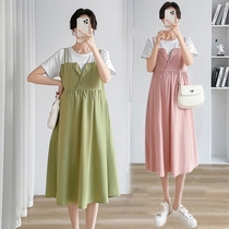 Radiation-proof maternity wear summer pregnancy clothes invisible bellyband mid-length suspender fake two-piece dress