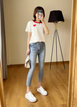 Female slim stretch high waist seven eight points jeans pencil pants-04148