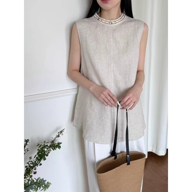 Patterned Hand-Beaded 100% Linen Sleeveless Shirt with a Loose Design, Women's Summer Simple Old-Money Style Vest