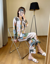 Splash ink printing Chinese womens long sleeves thin living clothes pajamas set trousers-0413C