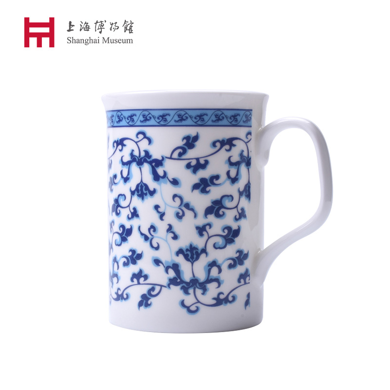 Shanghai Museum Blue and white porcelain string branch Fan lotus pattern Mug Teacup Water cup gift