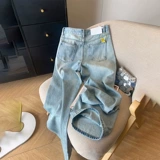 Джинсовые летние штаны, высокая талия, в цветочек, с вышивкой, свободный прямой крой