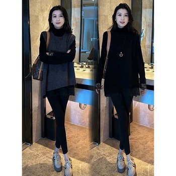 New autumn and winter style irregular hem sleeveless knitted vest suit lace black long-sleeved bottoming shirt two-piece set