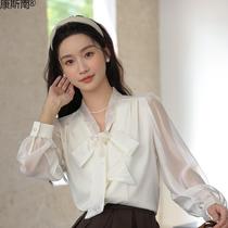 Actual shot of 2024 spring new fashion collar lace-up splicing chiffon shirt for women super fairy ruffled trumpet sleeve top