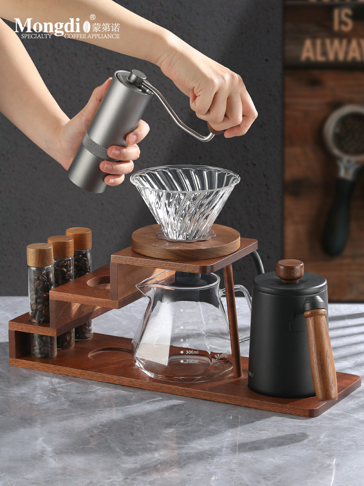 Mongdio Hand-Brewed Coffee Pot Set, Hand-Grind Coffee Machine, Hand-Cranked Storage Wooden Stand, Hand-Brewed Coffee Pot, Coffee Utensils