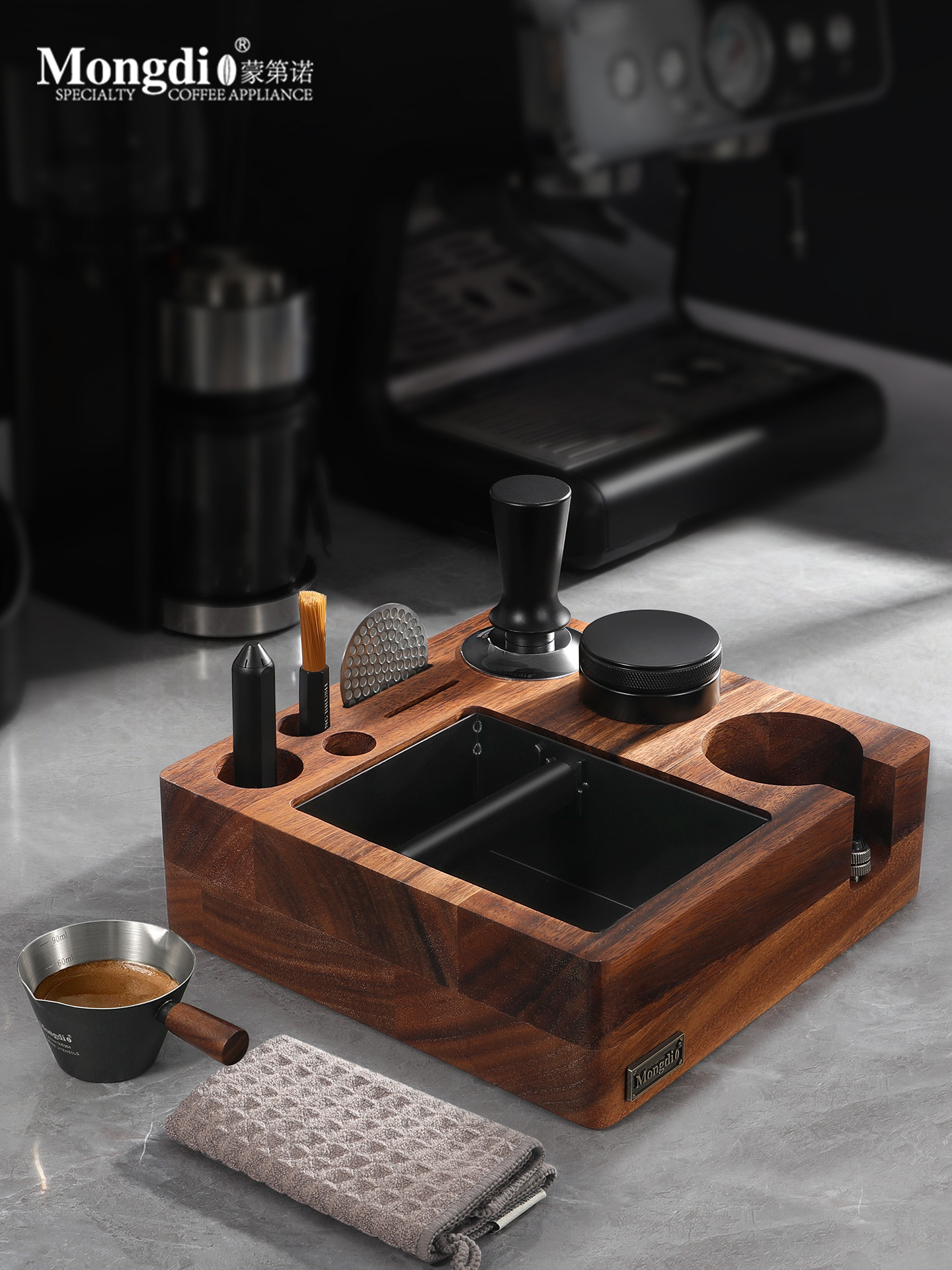 Mongdio Walnut Wood Coffee Tamper Base, Knock Box, Powder Distributor, Tamper Hammer Tool, Complete Set of Tamping Tools