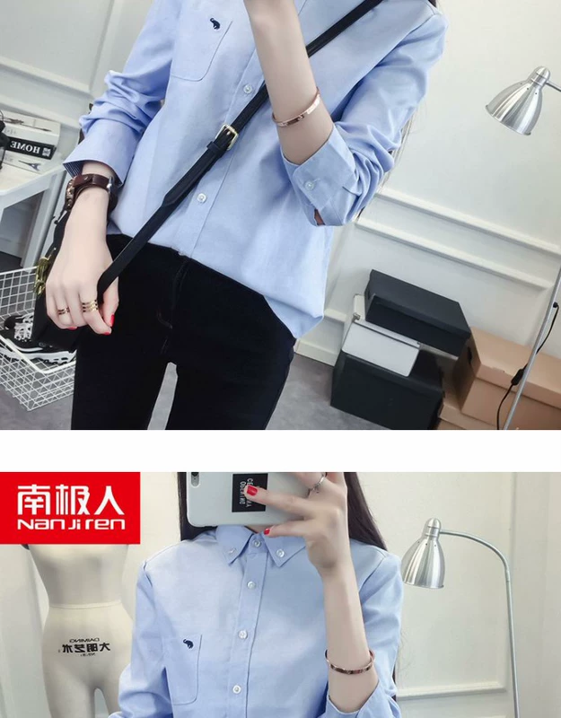 Nam Cực 2018 thu đông mới phiên bản Hàn Quốc mới của con voi nhỏ thêu bông trắng áo sơ mi nữ tay dài hoang dã áo sơ mi nữ form rộng dáng dài