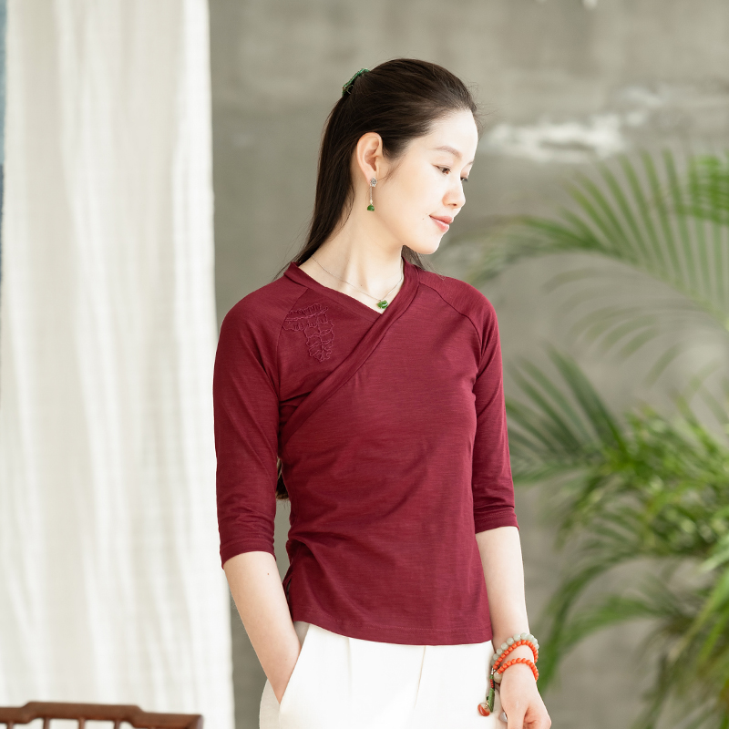 Stranger flowers bloom orchid Thunder (silent days) hand embroidered cotton T-shirt short sleeve base shirt Chinese style