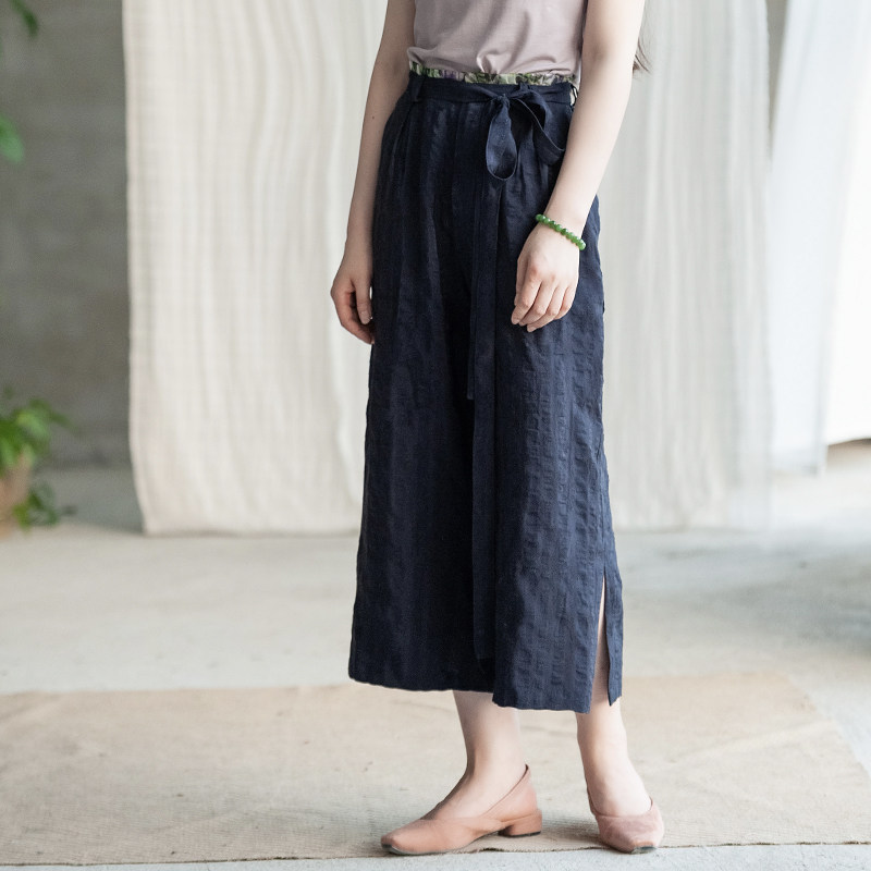 (Find Streaming dust) Flowers Open Original Cotton Linen Wide Pants Woman Loose 7 Pants Straight Barrel Pants Casual Pants