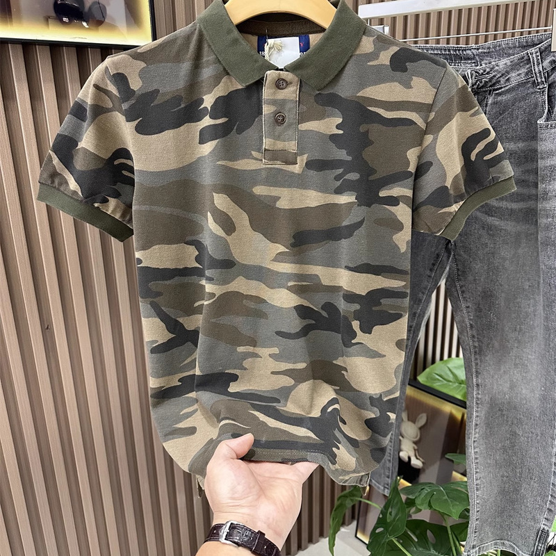 2025 Summer New American High Street Camouflage Short-Sleeve Trendy Polo Shirt, Sporty Casual Versatile Design Top