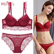 Red underwear female wedding year lace sexy small chest gathered thickened sub-breast anti-sagging bra set